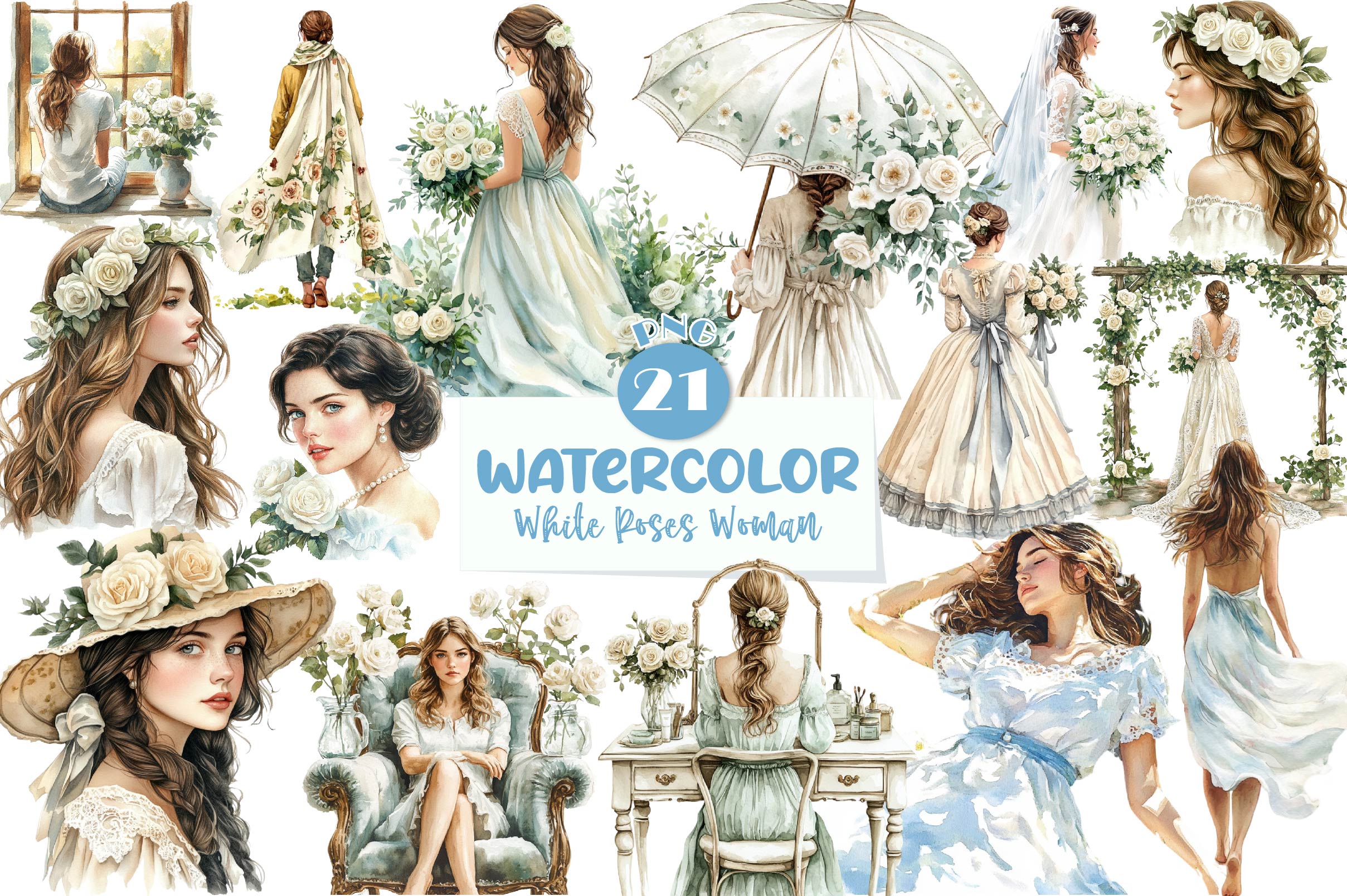 Spring White Roses And Woman Clipart Bundle - CraftNest - Digital Crafting and Art