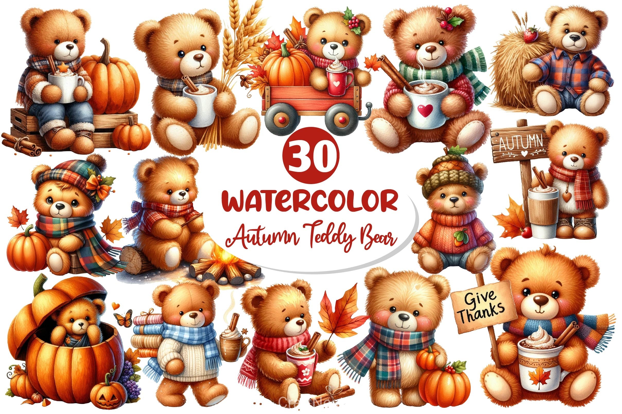 Autumn Teddy Bear Clipart Bundle 2 - CraftNest - Digital Crafting and Art