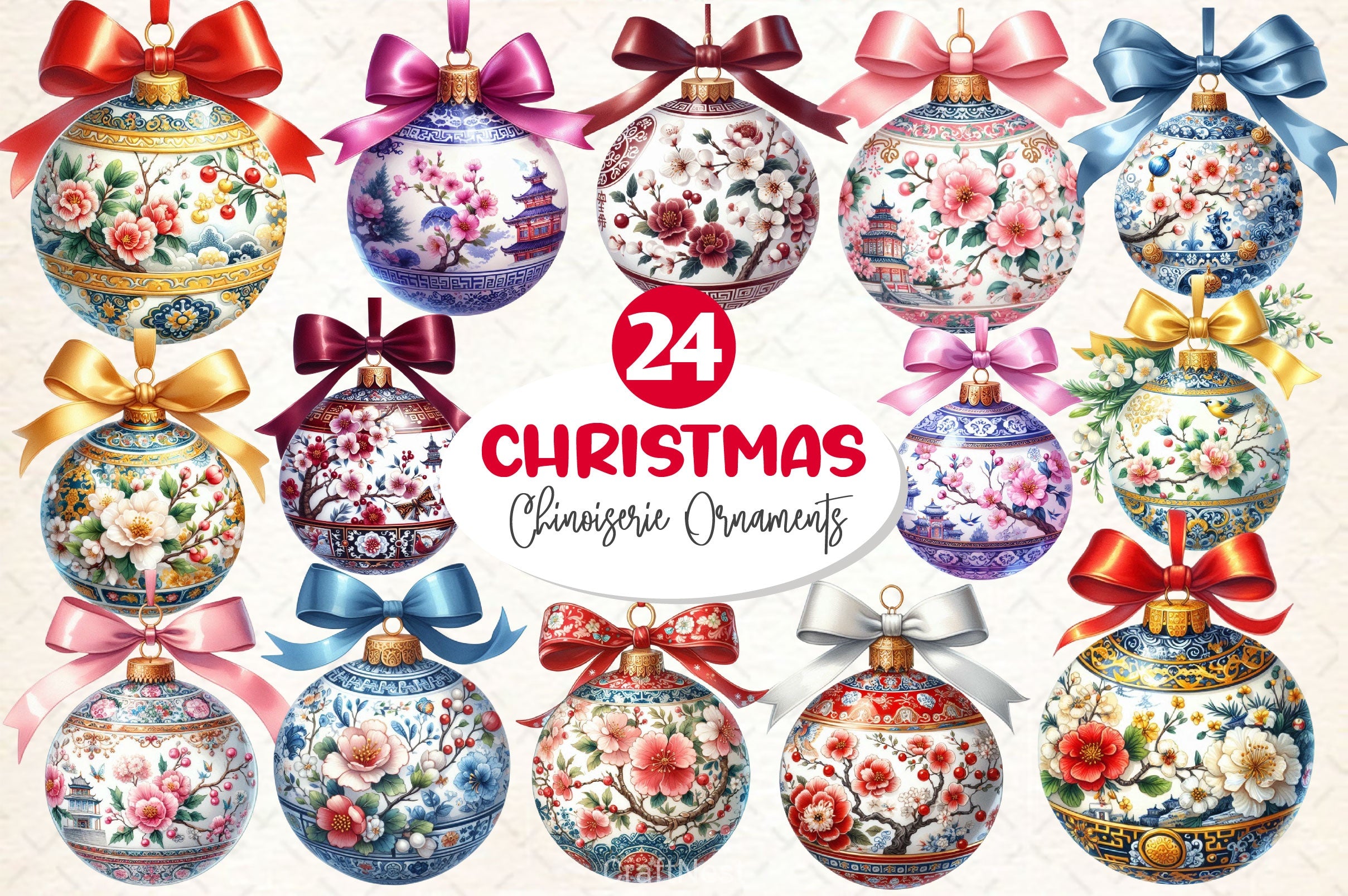 Xmas Chinoiserie Ornaments Clipart Bundle - CraftNest - Digital Crafting and Art