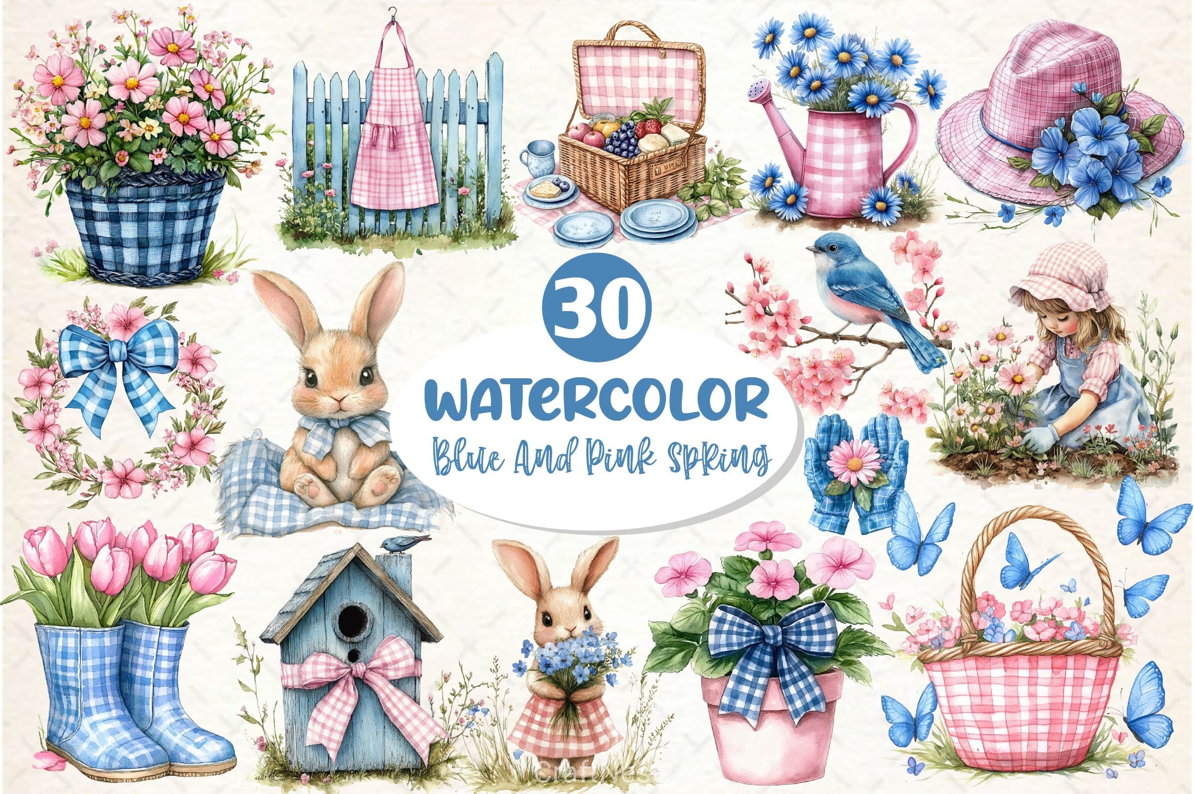 Blue & Pink Gingham Spring Clipart Bundle 10 - CraftNest - Digital Crafting and Art
