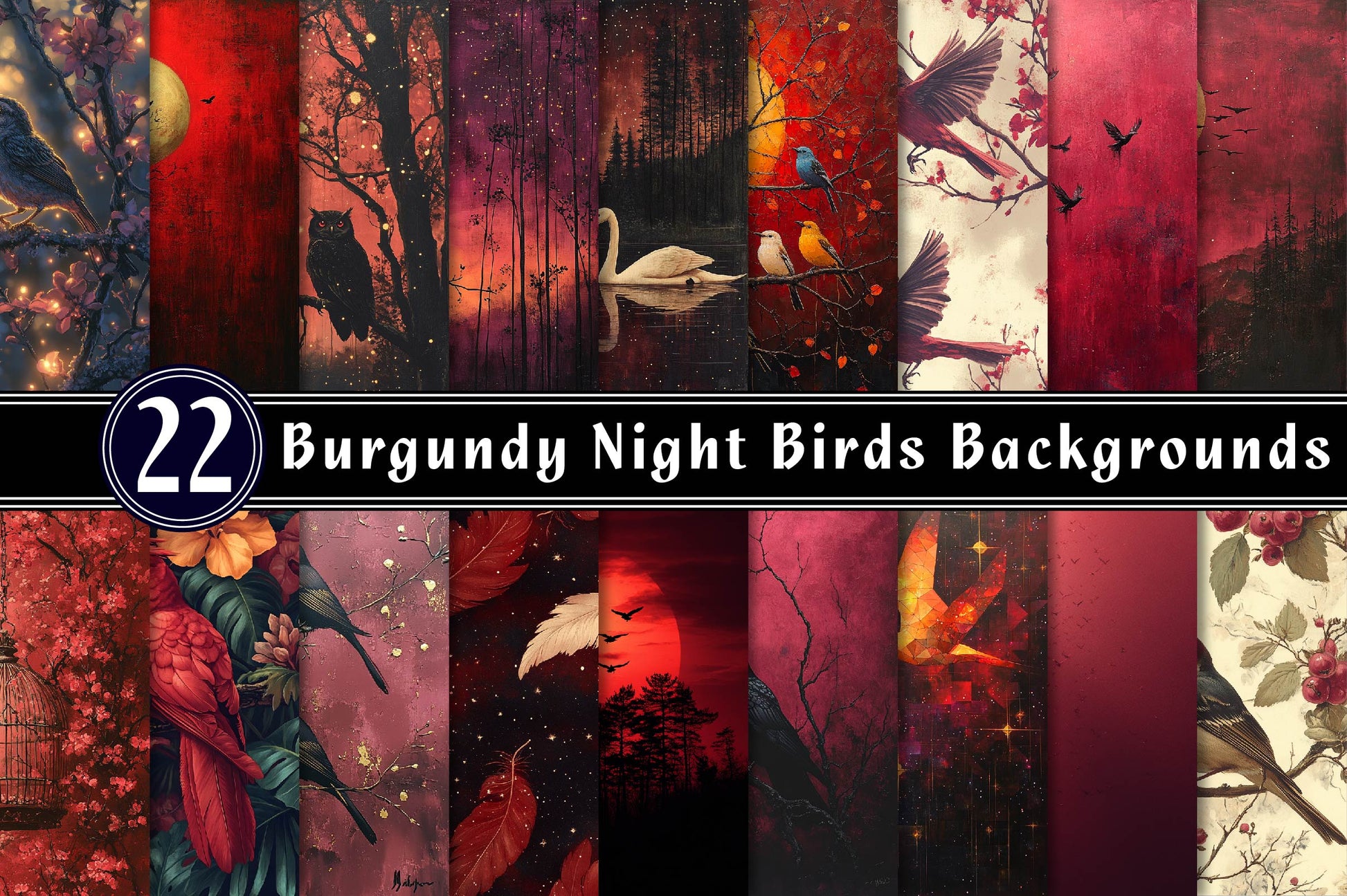 Burgundy Night Birds Backgrounds Clipart Bundle - CraftNest - Digital Crafting and Art