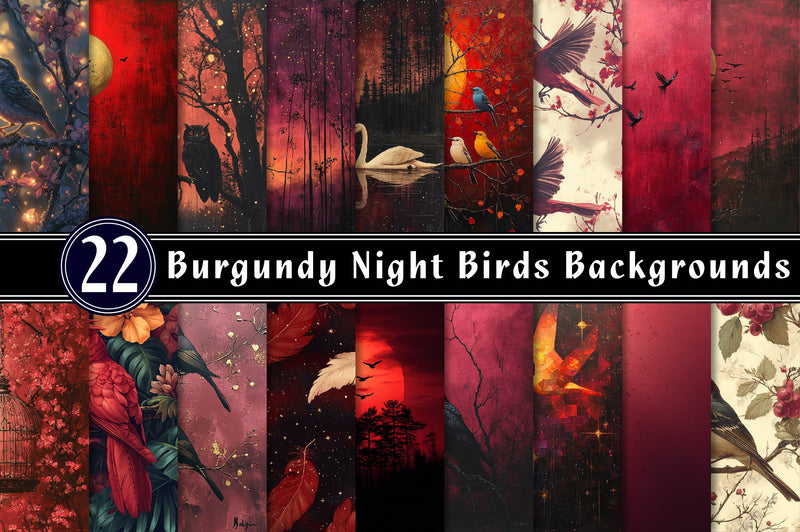 Burgundy Night Birds Backgrounds Clipart Bundle - CraftNest - Digital Crafting and Art