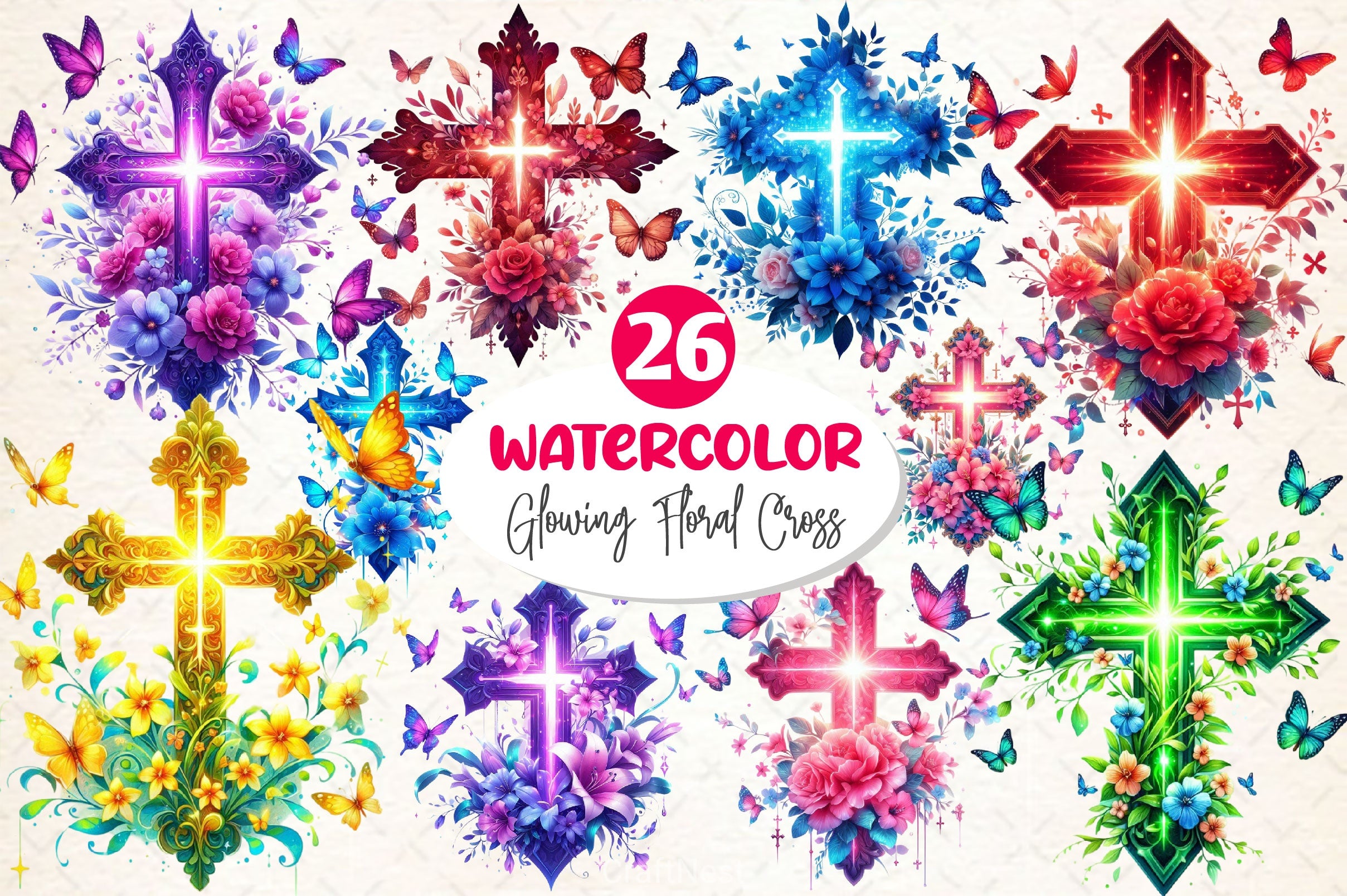 Glowing Floral Cross With Butterflies Clipart Bundle - CraftNest - Digital Crafting and Art