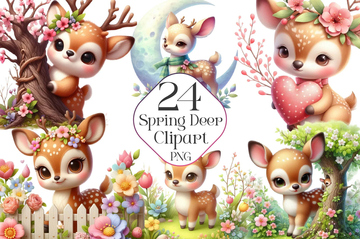 Spring Dear Cute Spring Deer Clipart Bundle