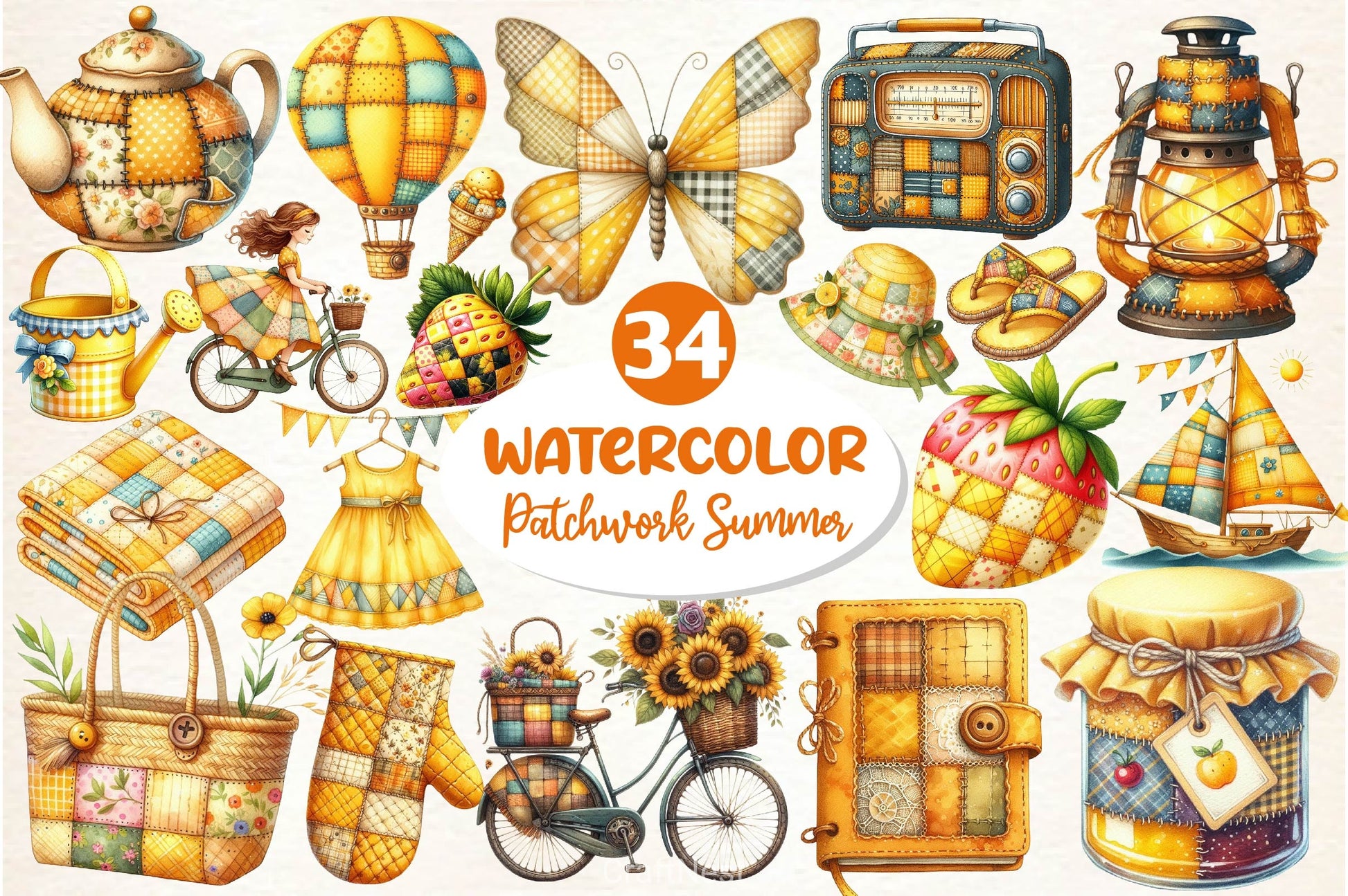 Yellow Patchwork Summer Clipart Bundle 2 - CraftNest - Digital Crafting and Art