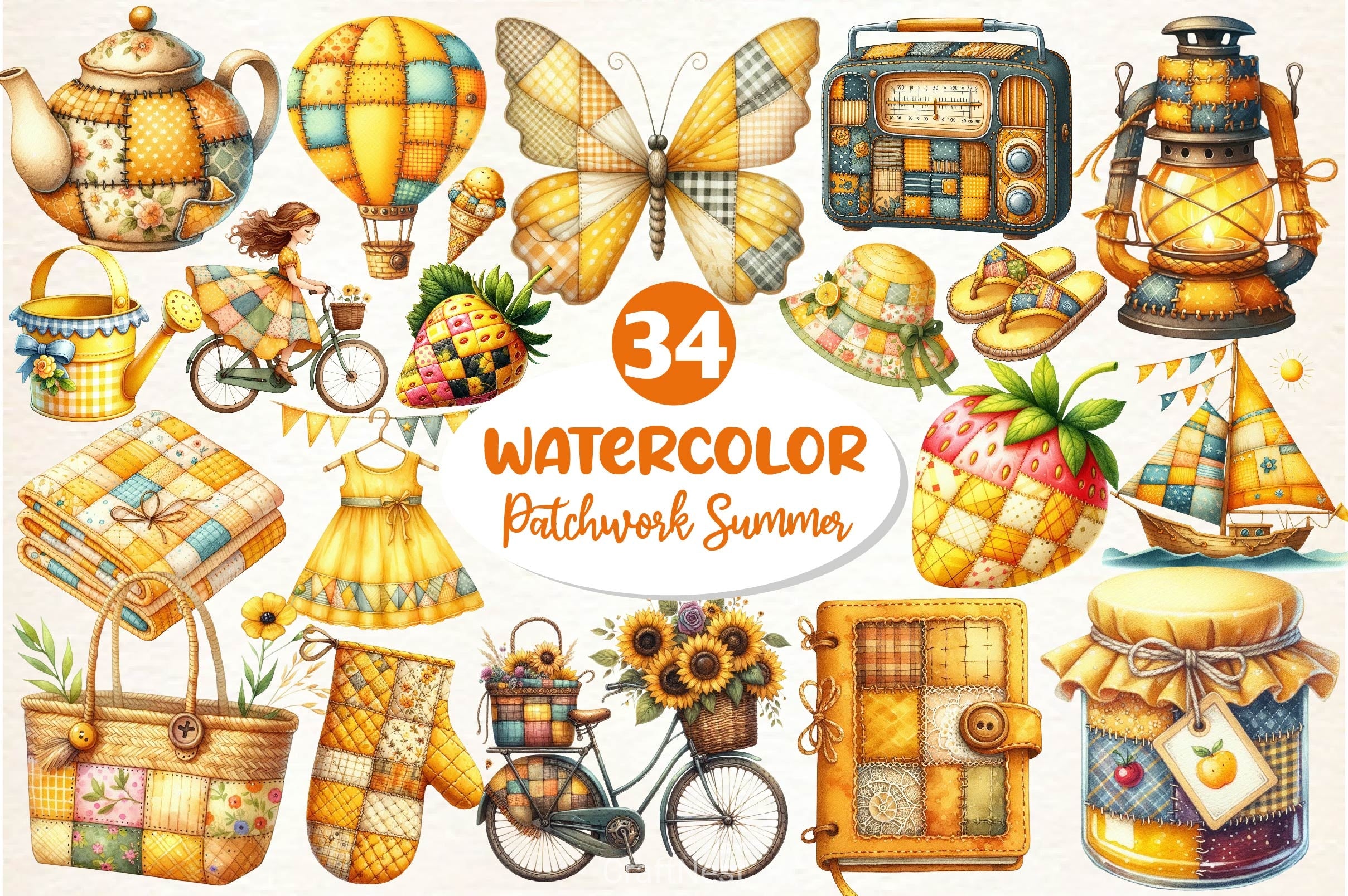 Yellow Patchwork Summer Clipart Bundle 2 - CraftNest - Digital Crafting and Art