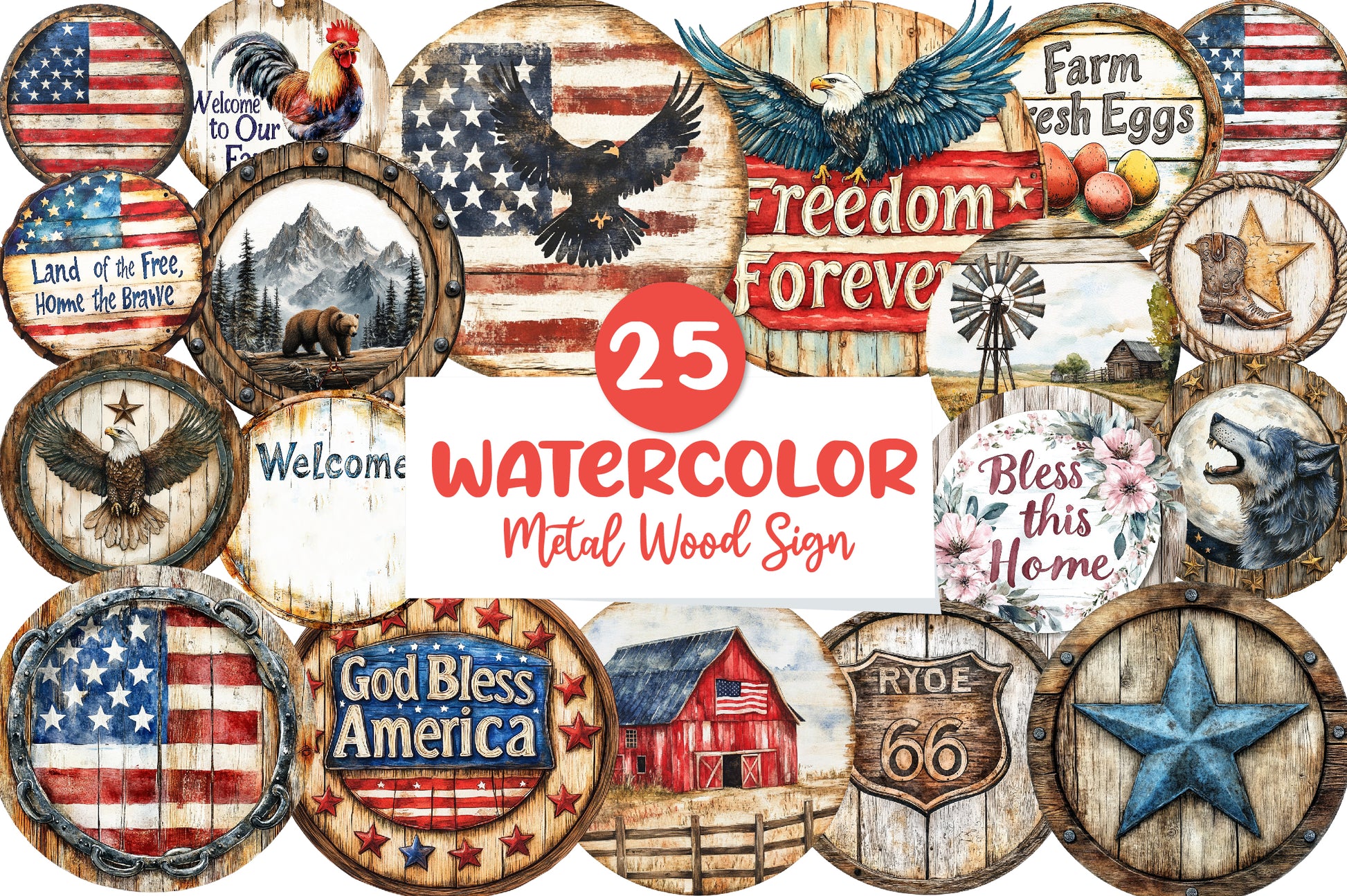American Rustic Round Metal Wood Sign Clipart Bundle - CraftNest - Digital Crafting and Art