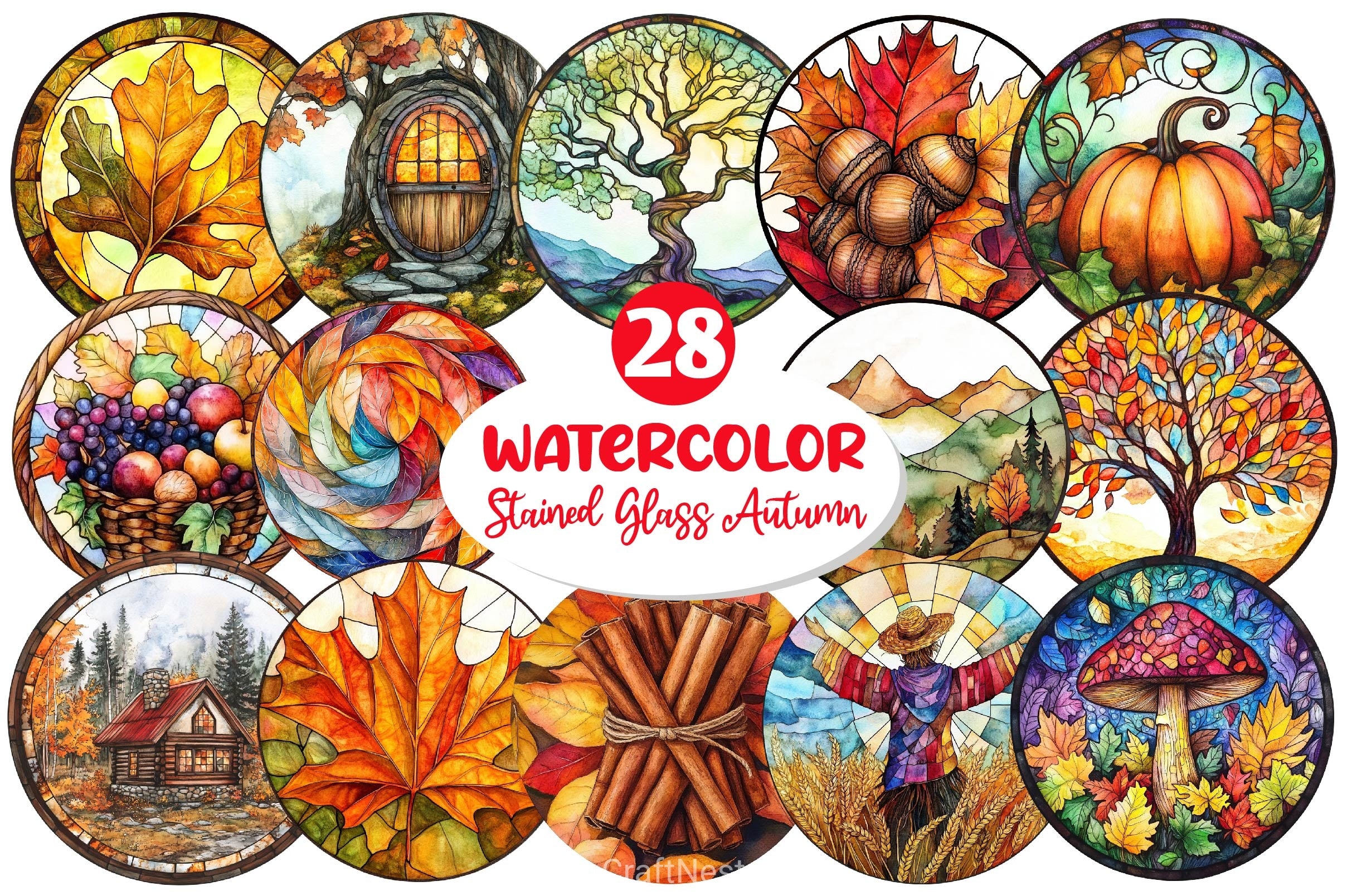 Round Stained Glass Autumn Clipart Bundle - CraftNest - Digital Crafting and Art