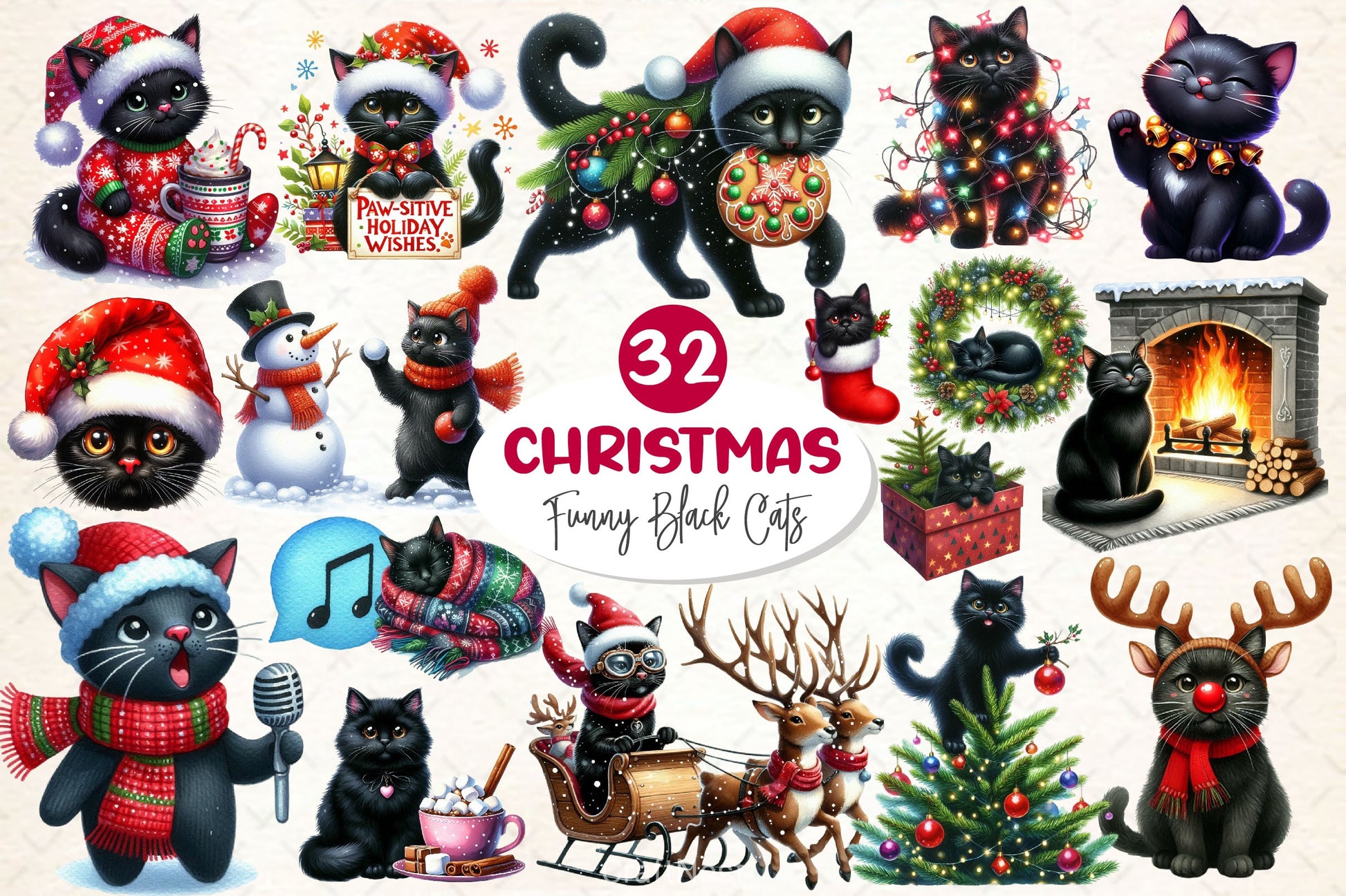 Funny Christmas Black Cat Clipart Bundle 4 - CraftNest - Digital Crafting and Art