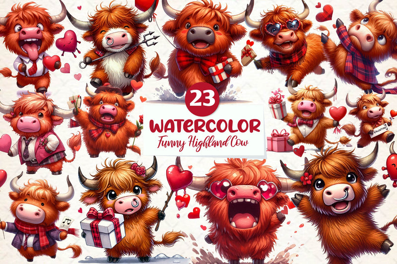Funny Valentine Highland Cow Clipart Bundle - CraftNest - Digital Crafting and Art