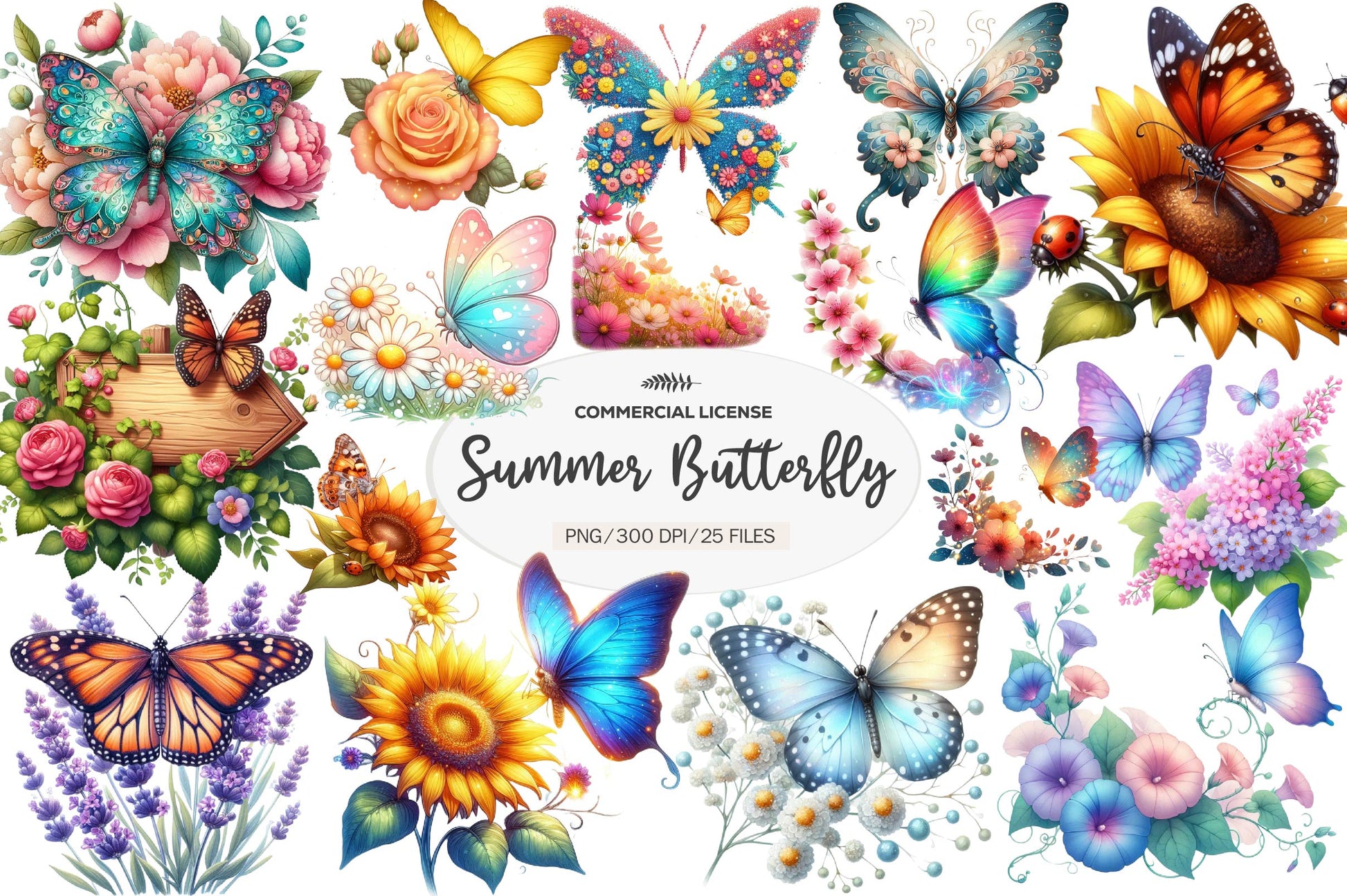 Cute Summer Butterfly & Flowers Clipart Bundle - CraftNest - Digital Crafting and Art
