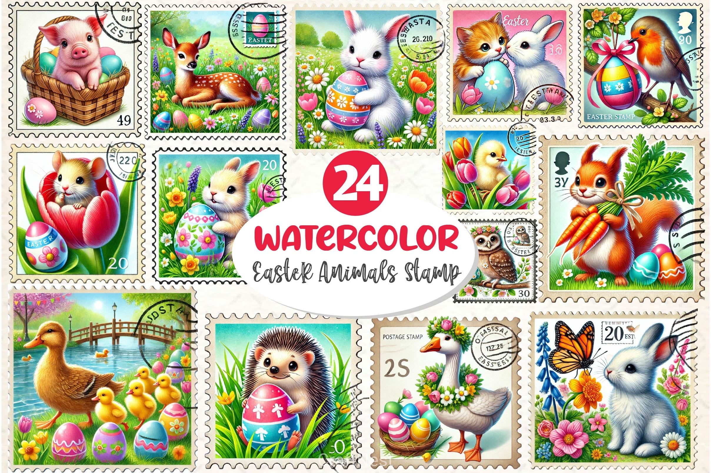 Easter Animals Postage Stamp Clipart Bundle 2 - CraftNest - Digital Crafting and Art