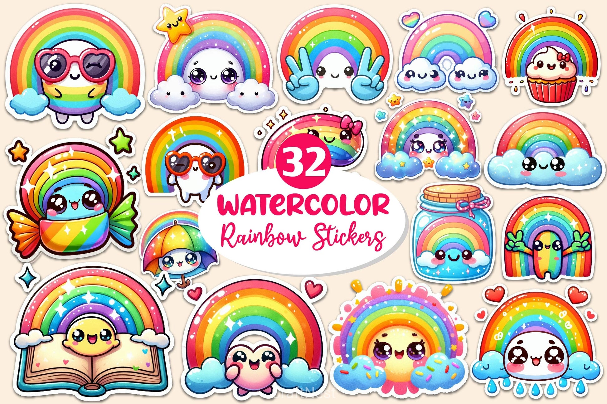 Kawaii Rainbow Stickers Sticker Clipart Bundle - CraftNest - Digital Crafting and Art