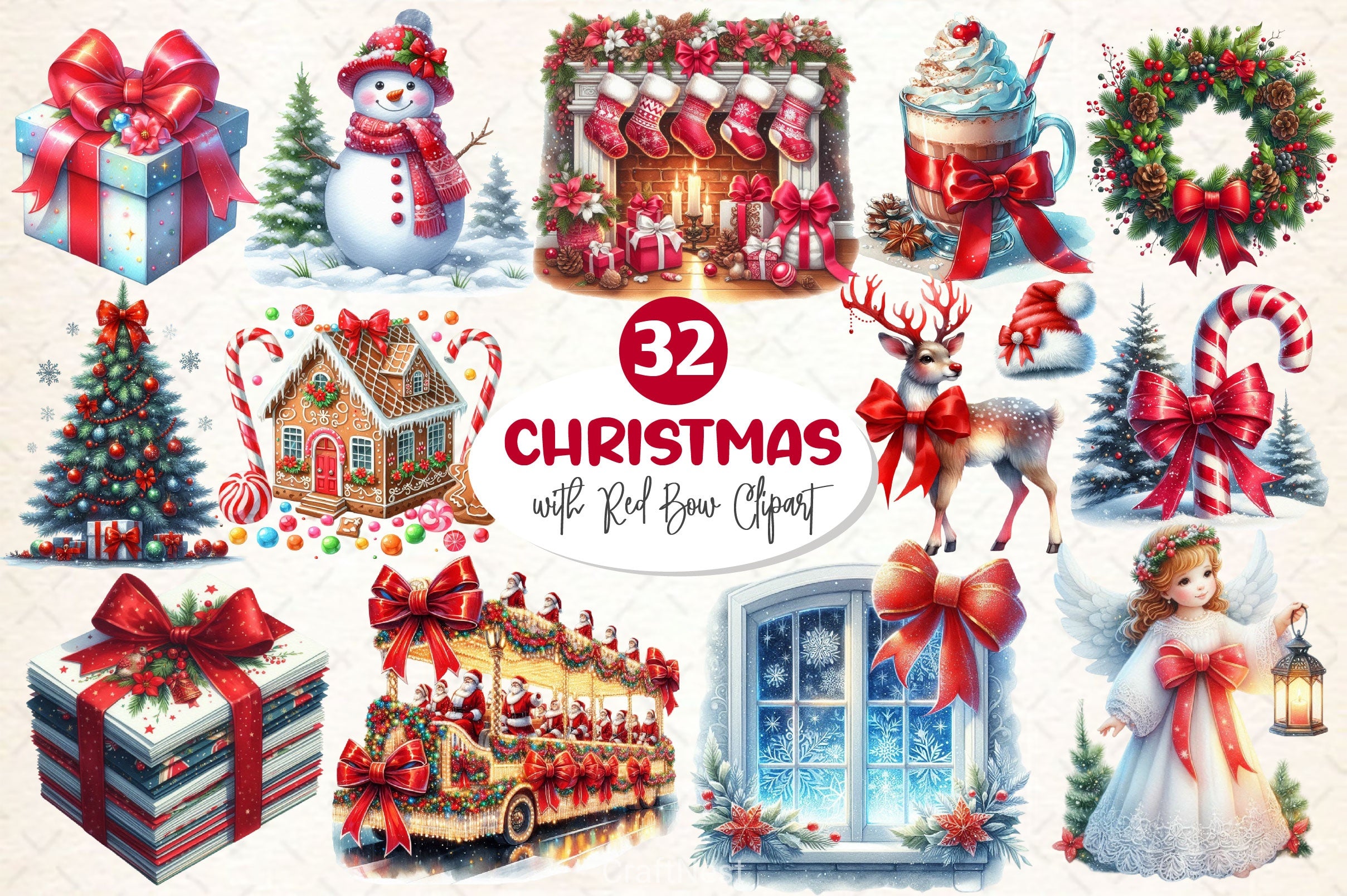 Christmas With Red Bow Clipart Bundle - CraftNest - Digital Crafting and Art