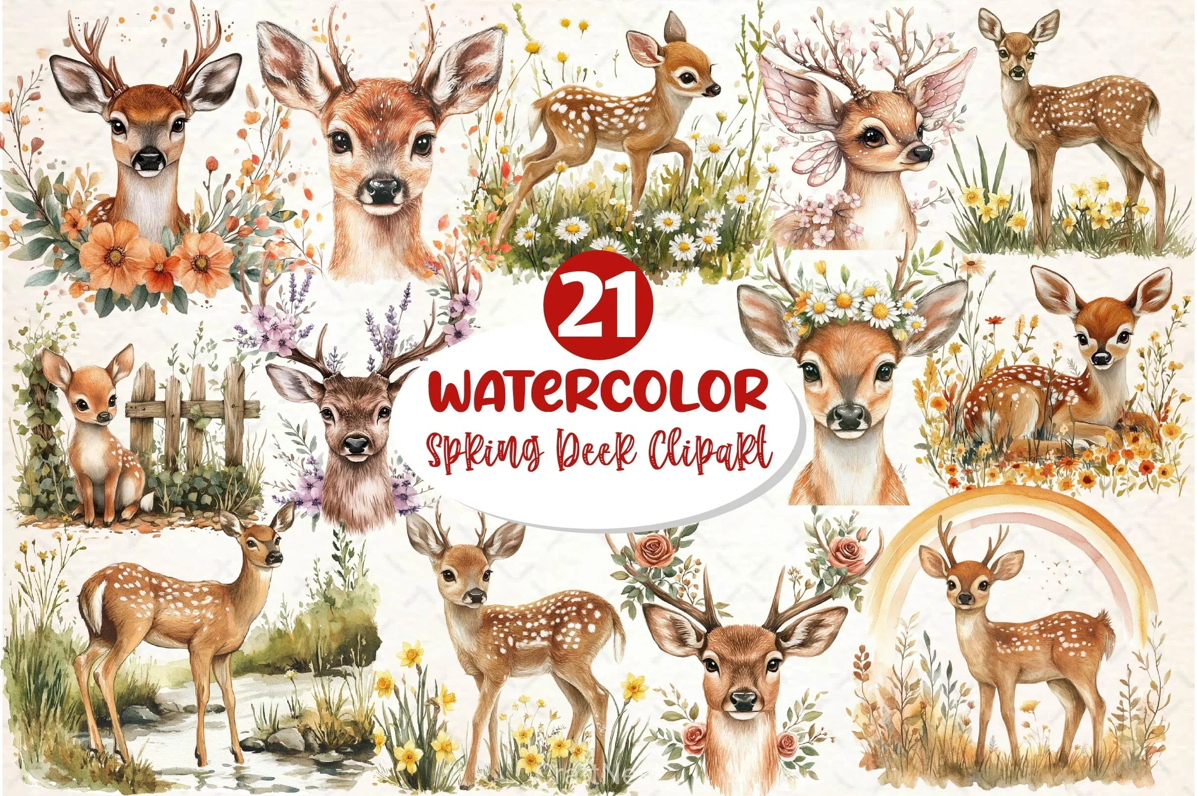 Spring Deer Clipart Bundle