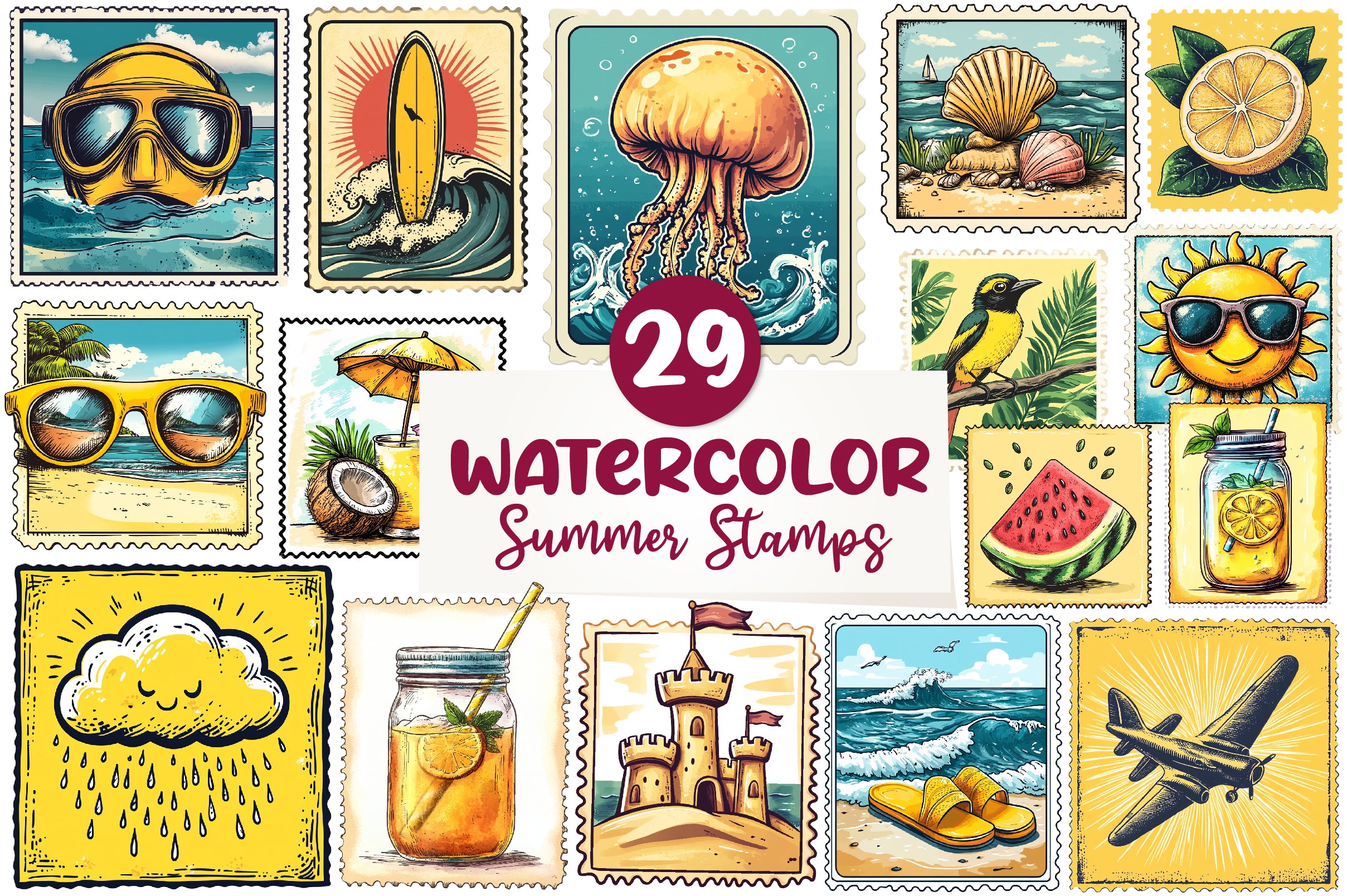 Yellow Summer Postage Stamps Clipart Bundle - CraftNest - Digital Crafting and Art