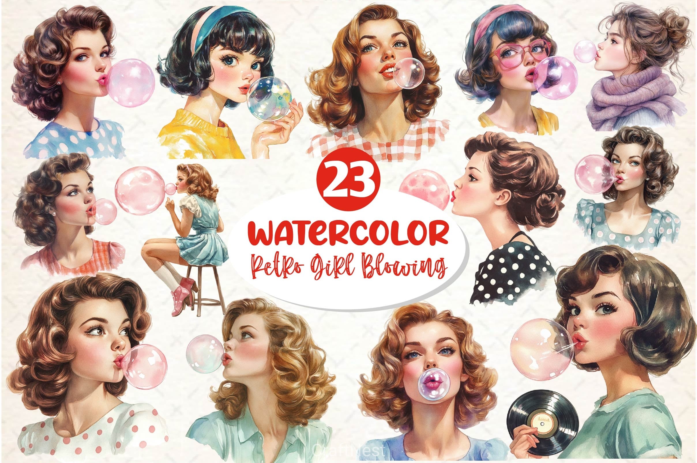 Retro Girl Blowing A Bubblegum Clipart Bundle 2 - CraftNest - Digital Crafting and Art