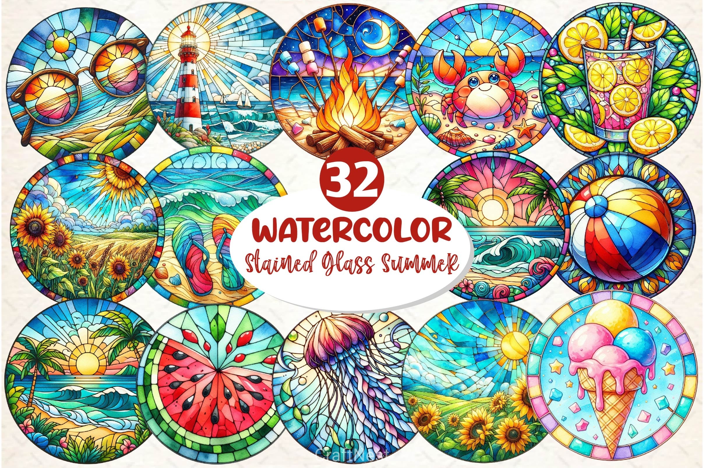 Round Stained Glass Summer Clipart Bundle 6 - CraftNest - Digital Crafting and Art
