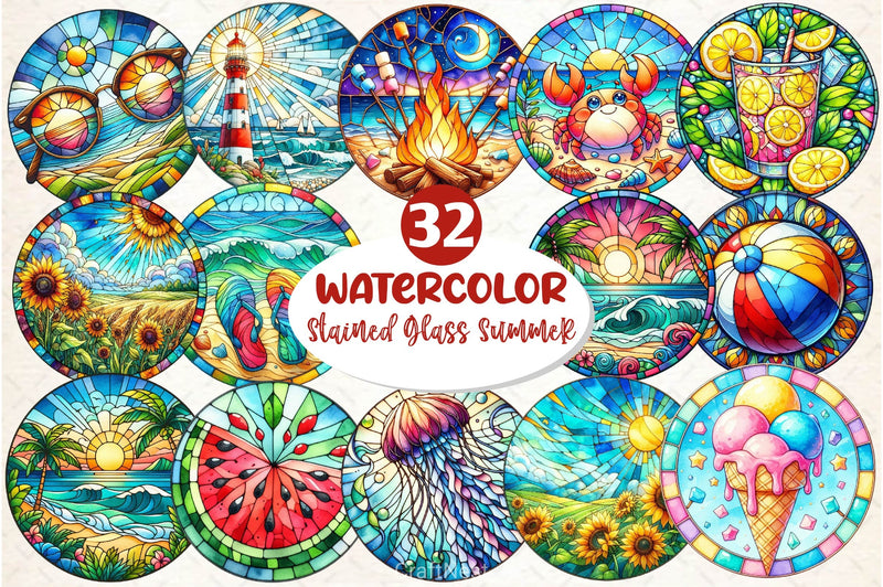 Round Stained Glass Summer Clipart Bundle 6 - CraftNest - Digital Crafting and Art