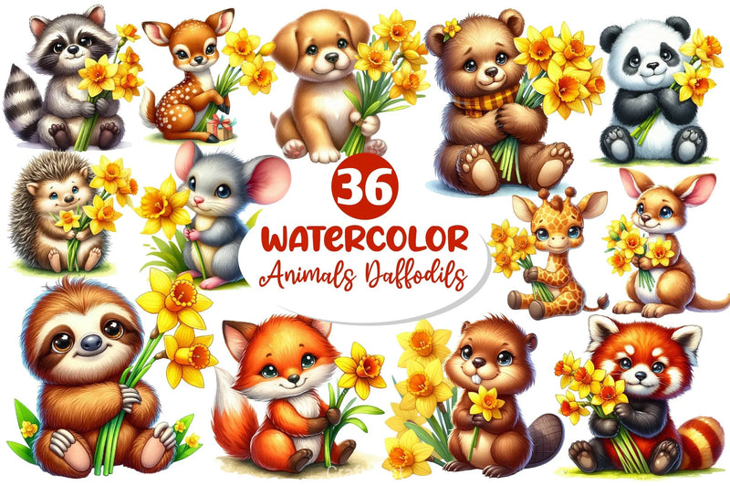 Cute Animals With Daffodils Flowers Clipart Bundle - CraftNest - Digital Crafting and Art