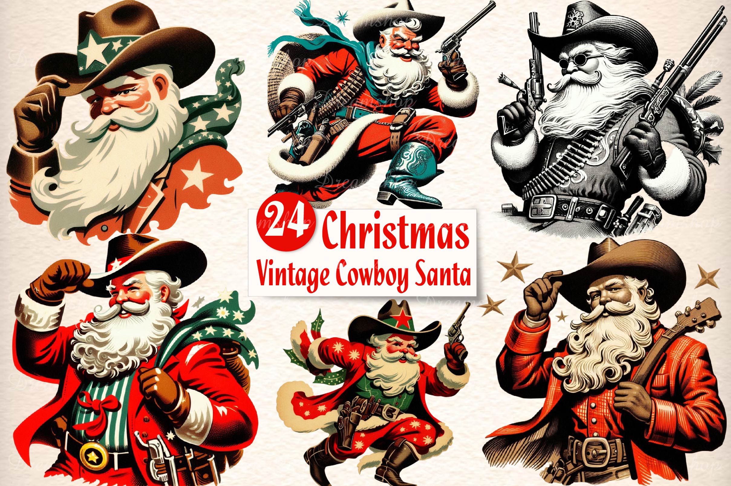 Vintage Christmas Cowboy Santa Clipart Bundle - CraftNest - Digital Crafting and Art