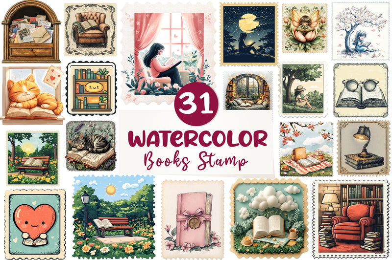 Reading Books Postage Stamp Clipart Bundle - CraftNest - Digital Crafting and Art