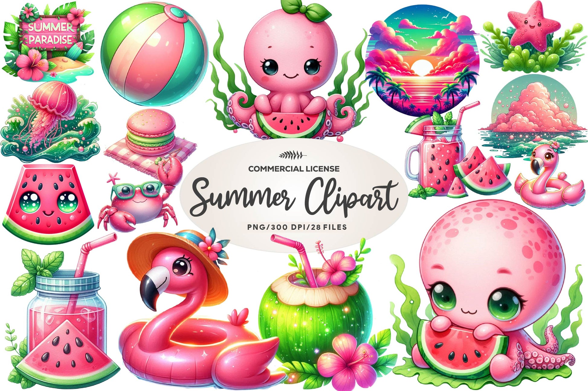 Pink And Green Summer Clipart Bundle - CraftNest - Digital Crafting and Art