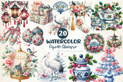 Coquette Chinoiserie Christmas Clipart Bundle - CraftNest - Digital Crafting and Art