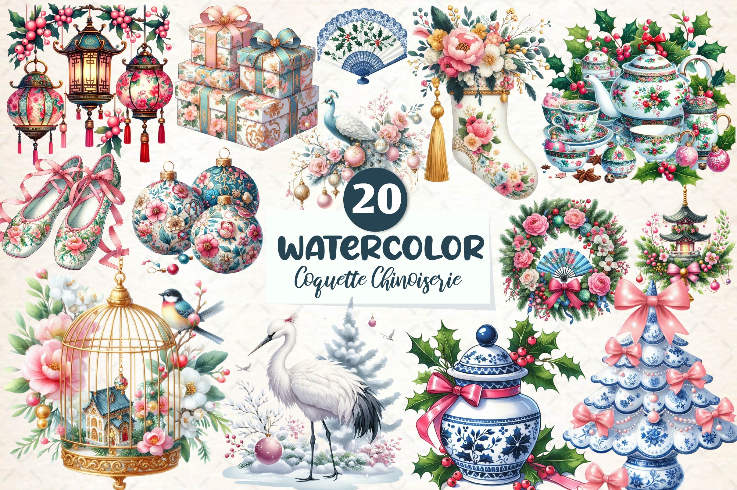 Coquette Chinoiserie Christmas Clipart Bundle - CraftNest - Digital Crafting and Art