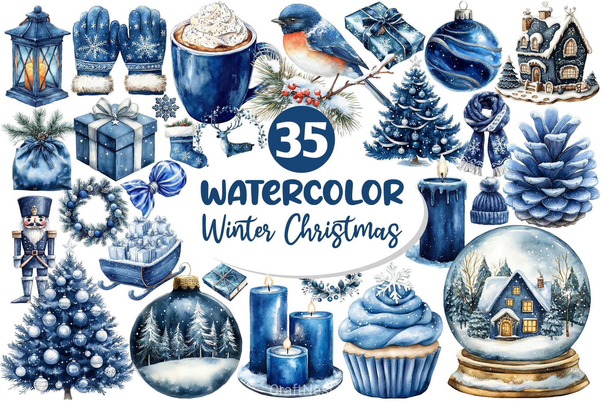 Navy Blue Winter Christmas Clipart Bundle - CraftNest - Digital Crafting and Art