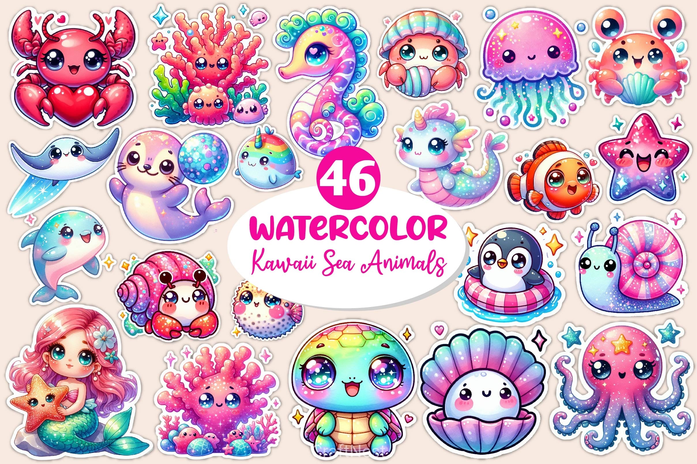 Cute Kawaii Sea Animals Clipart Bundle - CraftNest - Digital Crafting and Art