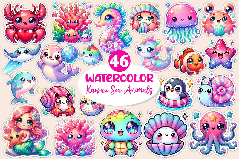 Cute Kawaii Sea Animals Clipart Bundle - CraftNest - Digital Crafting and Art