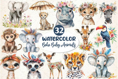 Cute Boho Baby Safari Animals Clipart Bundle 2 - CraftNest - Digital Crafting and Art