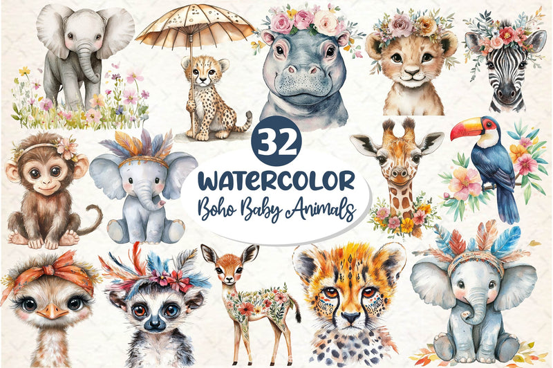 Cute Boho Baby Safari Animals Clipart Bundle 2 - CraftNest - Digital Crafting and Art