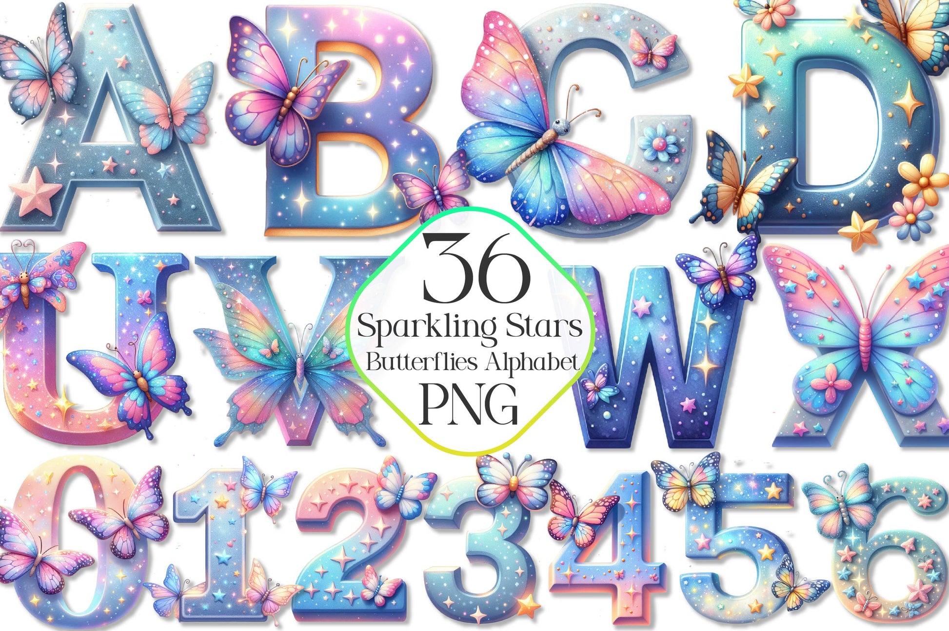Sparkling Stars Butterflies Alphabet Clipart Bundle - CraftNest - Digital Crafting and Art