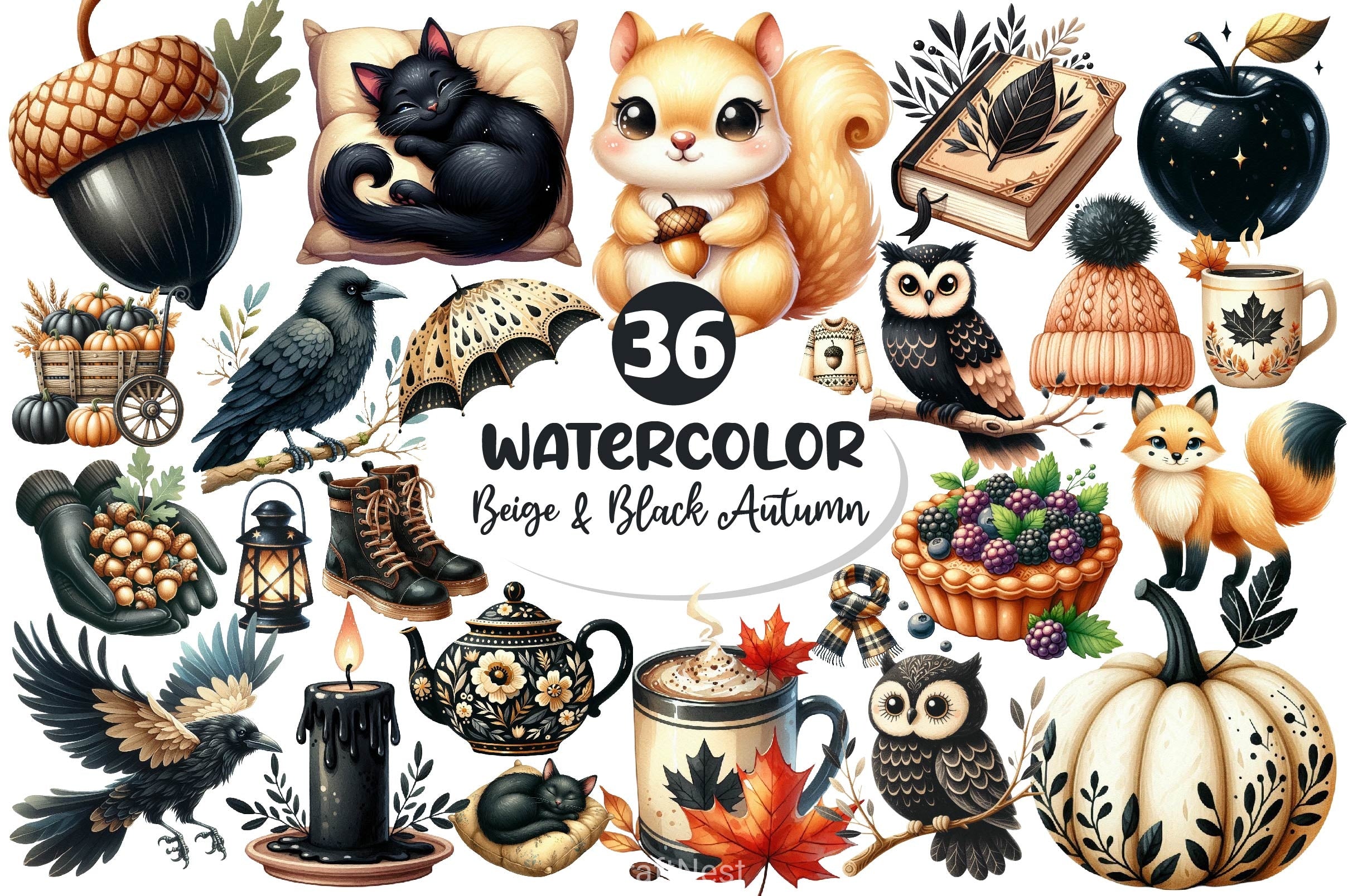 Beige Black Autumn Clipart Bundle - CraftNest - Digital Crafting and Art