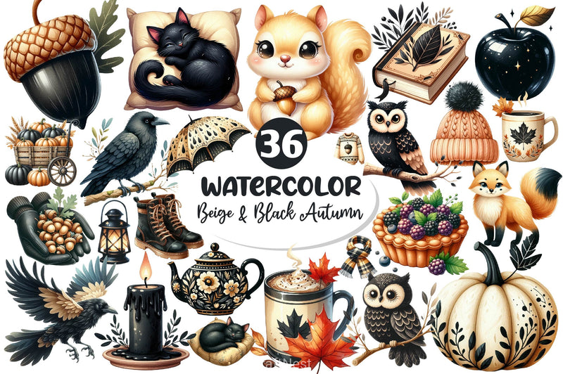 Beige Black Autumn Clipart Bundle - CraftNest - Digital Crafting and Art