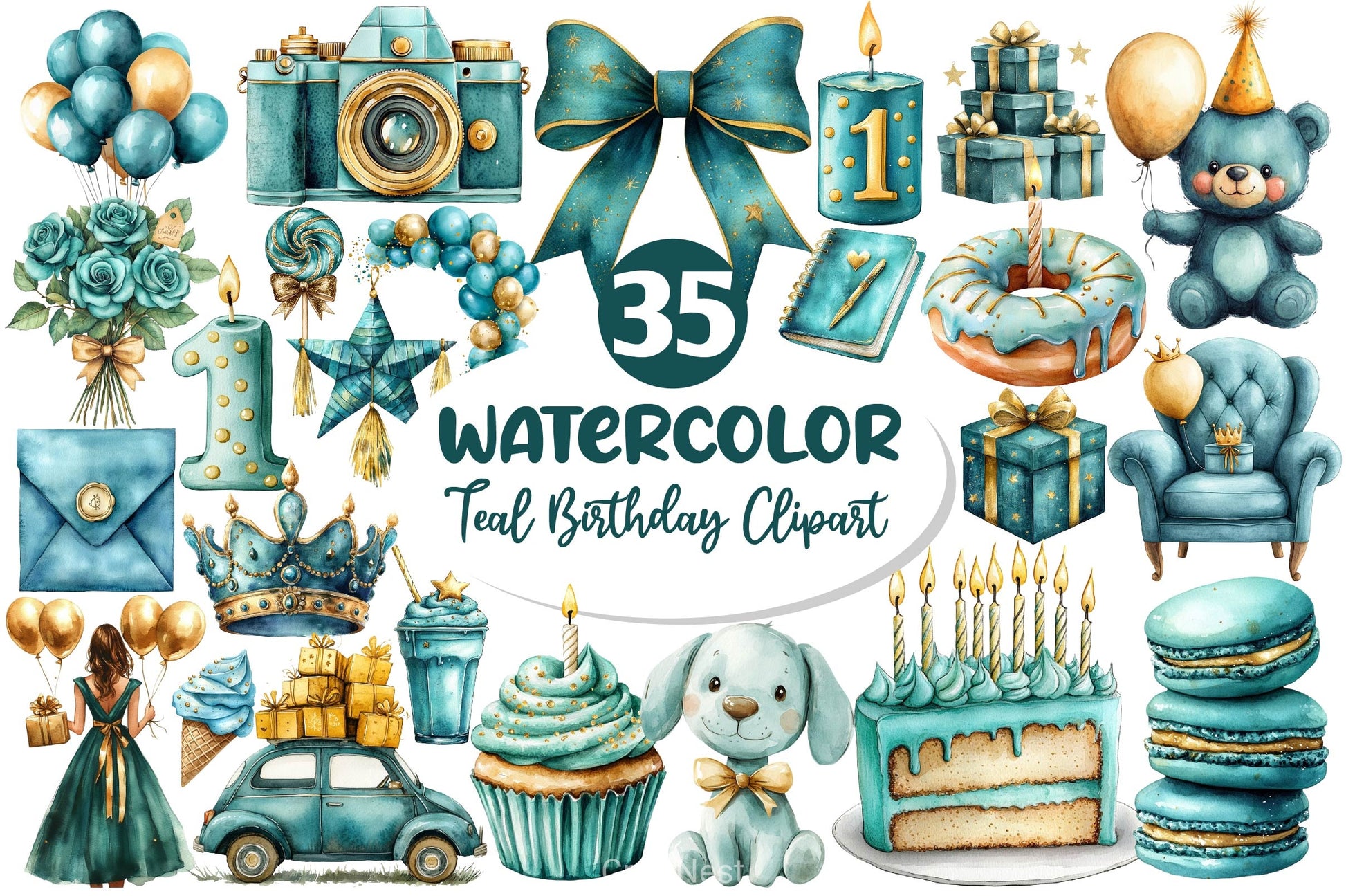 Teal Birthday Clipart Bundle - CraftNest - Digital Crafting and Art