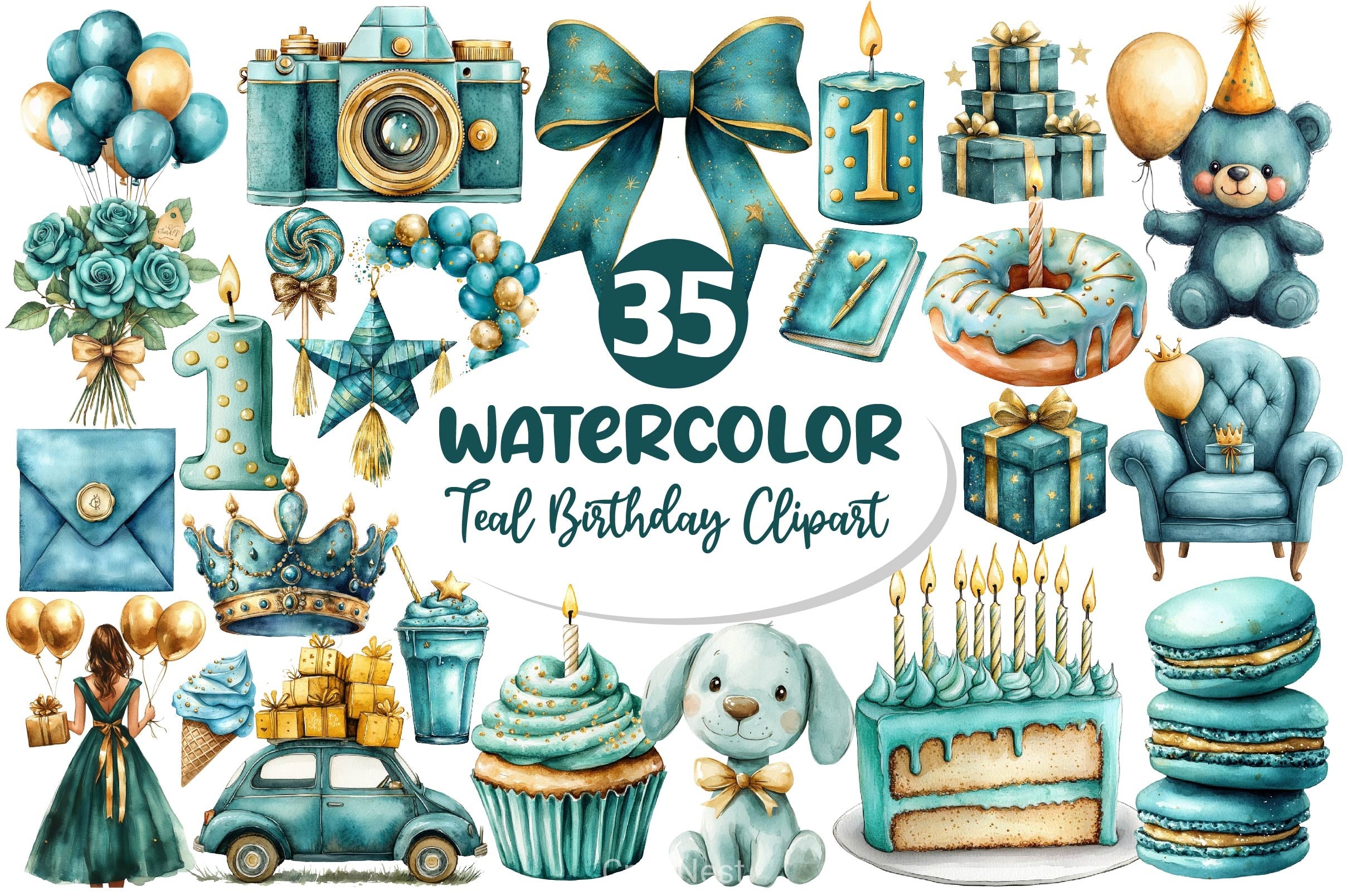 Teal Birthday Clipart Bundle - CraftNest - Digital Crafting and Art