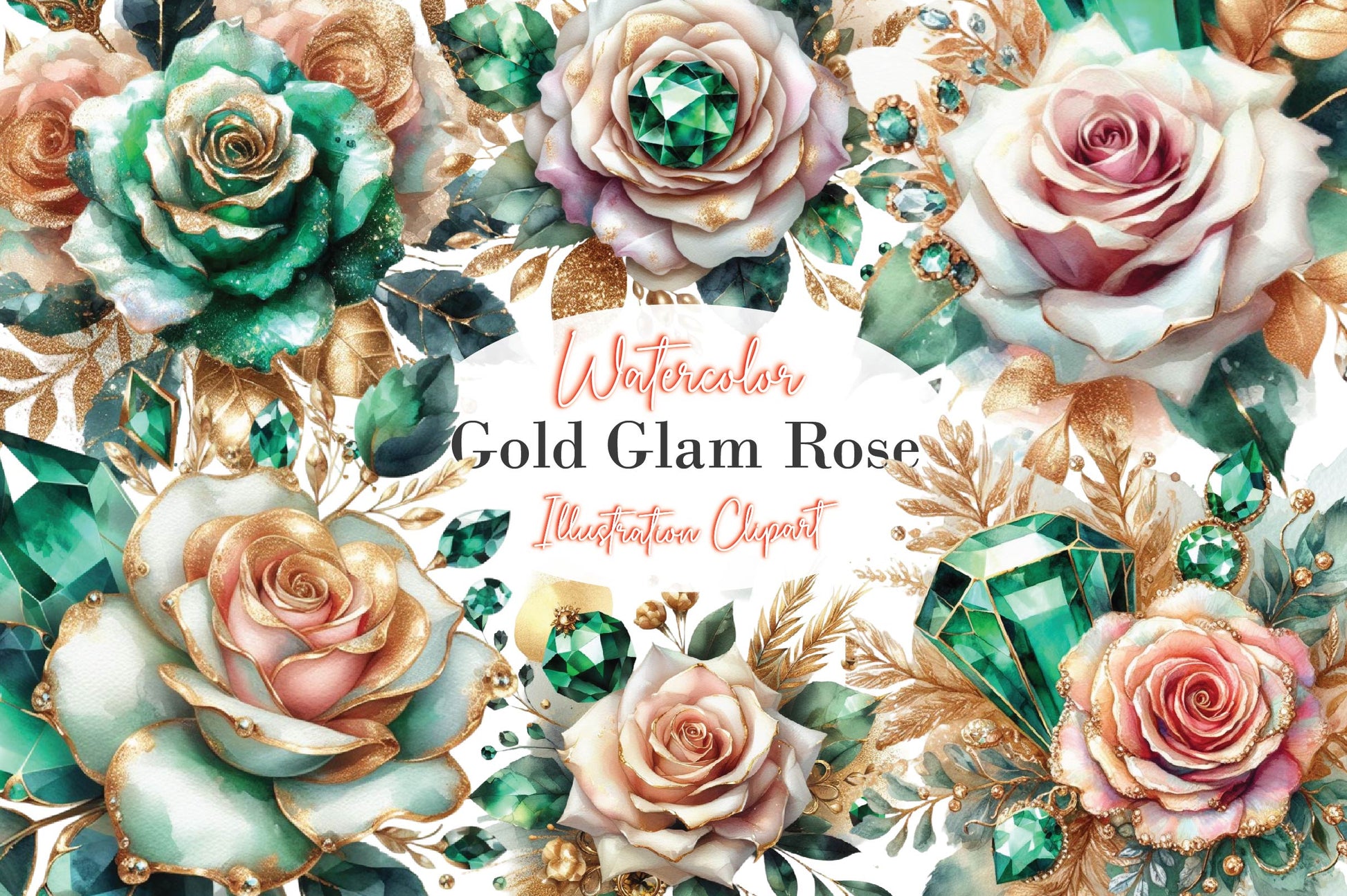 Emerald And Gold Glam Rose Clip Art Clipart Bundle - CraftNest - Digital Crafting and Art