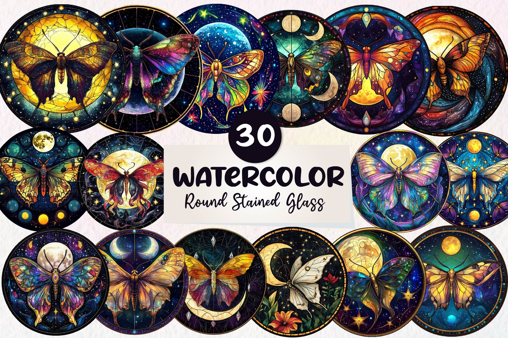 Lunar Moth And Moon Round Stained Glass Clipart Bundle - CraftNest - Digital Crafting and Art