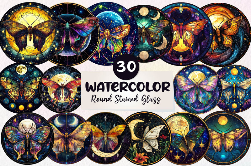 Lunar Moth And Moon Round Stained Glass Clipart Bundle - CraftNest - Digital Crafting and Art