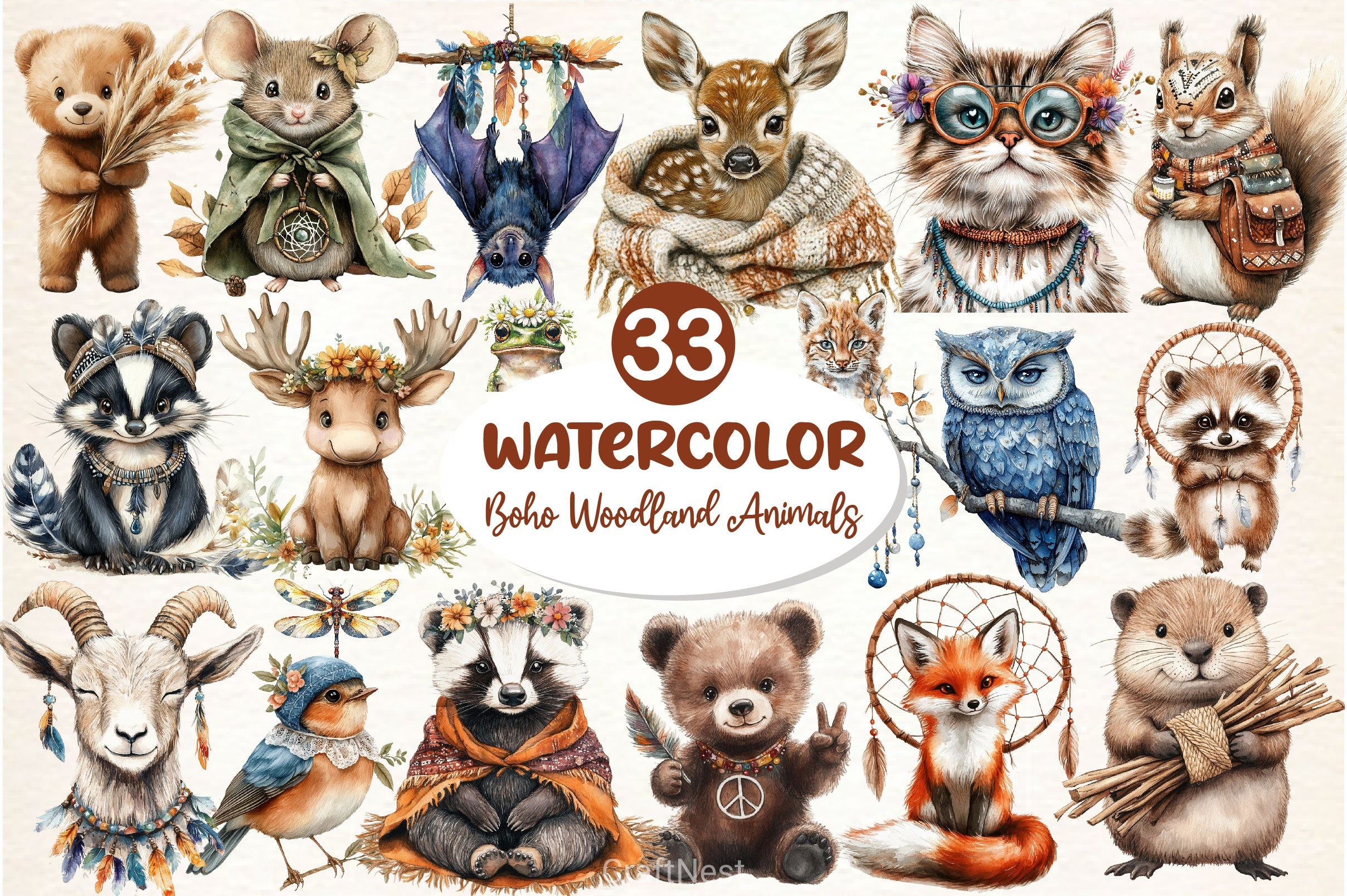 Sweet Boho Woodland Creatures Animals Clipart Bundle 2 - CraftNest - Digital Crafting and Art