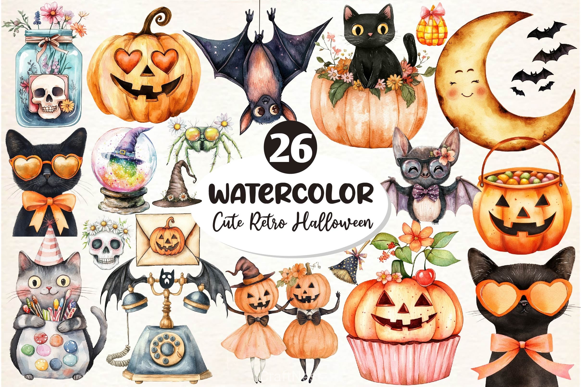 Cute Retro Halloween Clipart Bundle 2 - CraftNest - Digital Crafting and Art