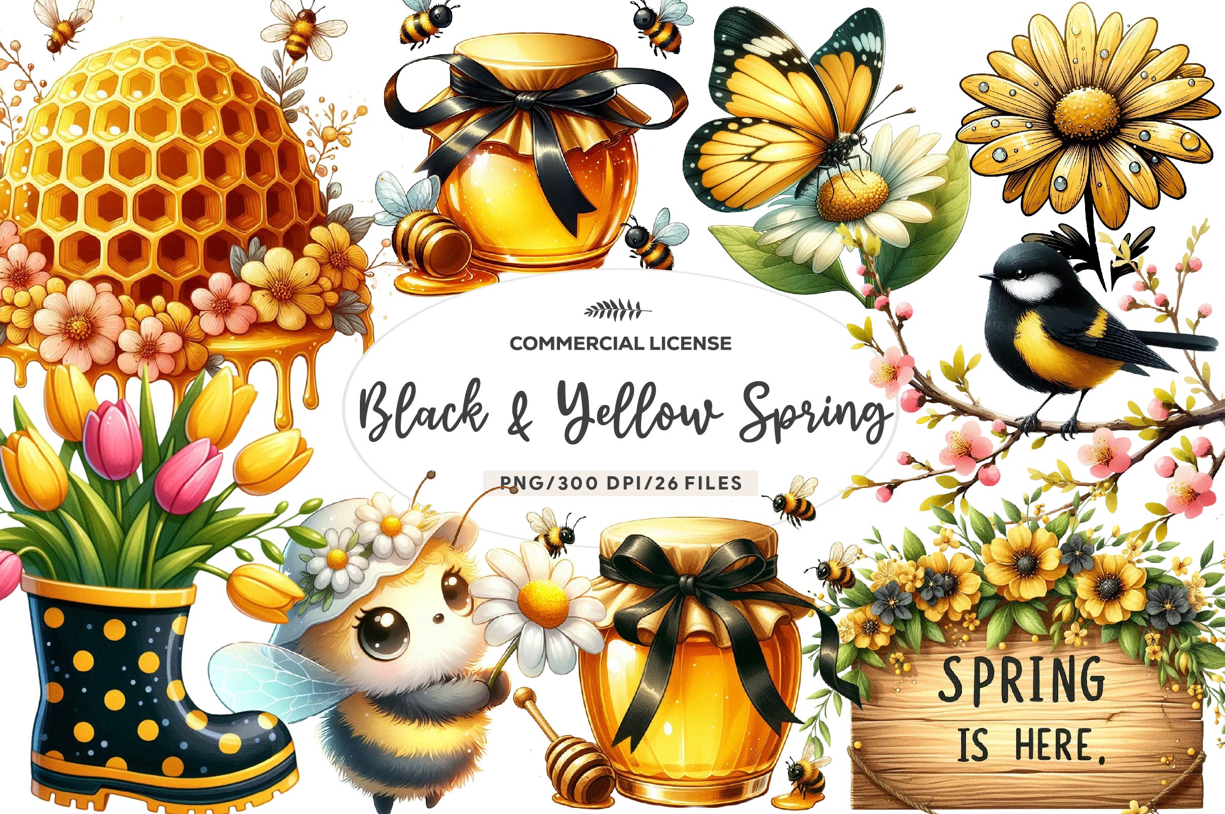 Black & Yellow Spring Clipart Bundle - CraftNest - Digital Crafting and Art