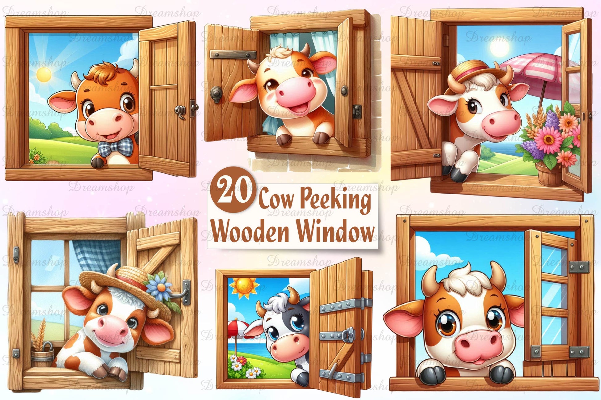 Cute Cows Peeking Wooden Window Clipart Bundle - CraftNest - Digital Crafting and Art