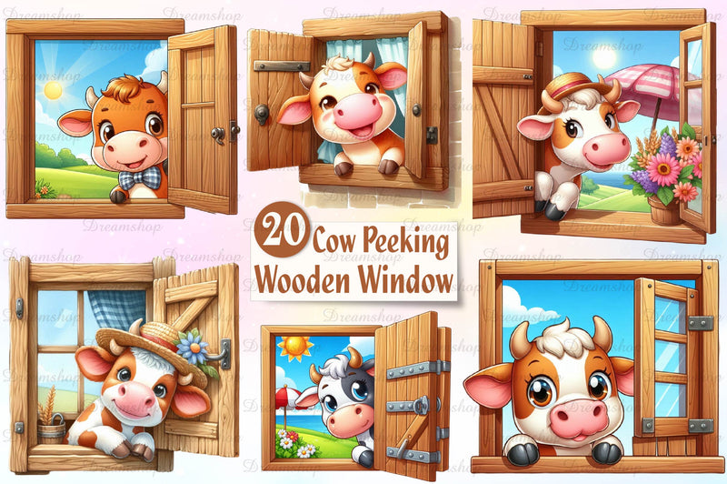 Cute Cows Peeking Wooden Window Clipart Bundle - CraftNest - Digital Crafting and Art