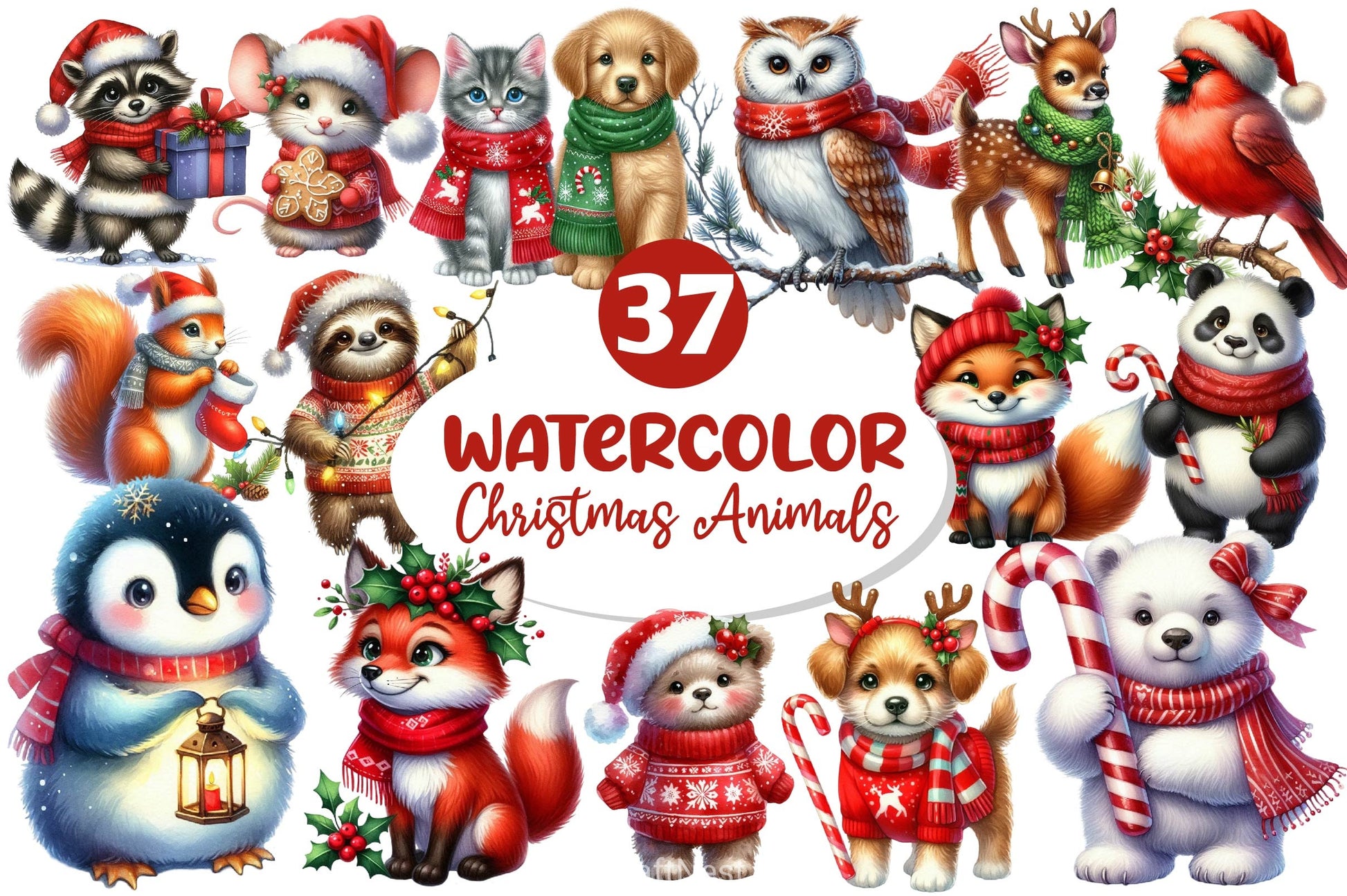 Christmas Cute Animals Clipart Bundle 1 - CraftNest - Digital Crafting and Art