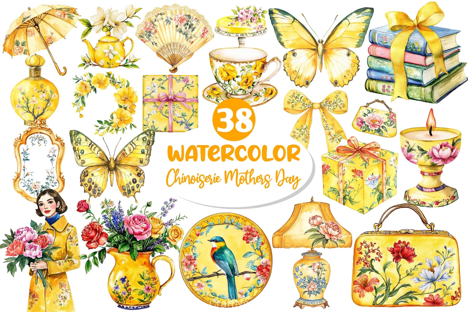 Yellow Chinoiserie Mothers Day Clipart Bundle 2 - CraftNest - Digital Crafting and Art