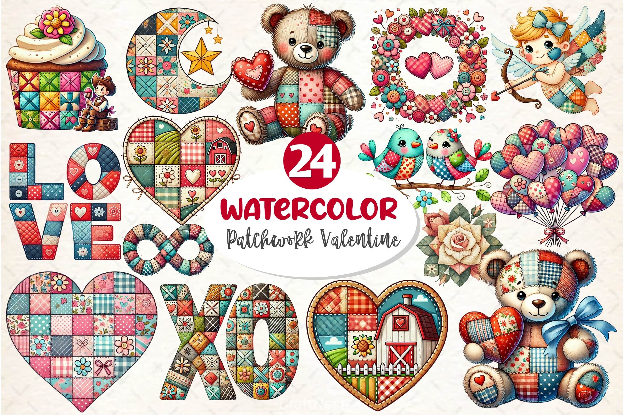 Patchwork Valentines Day Clipart Bundle 3 - CraftNest - Digital Crafting and Art